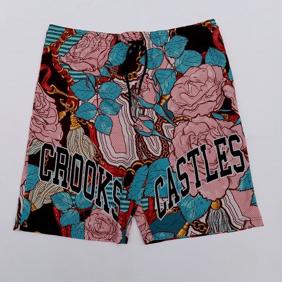 NWT Mens CROOKS & CASTLES Gym Shorts 3XL Pink Roses Turquoise Elastic Waist - Picture 1 of 14